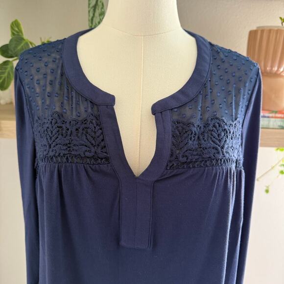 Daniel Rainn Anthropologie Navy Blue Sheer Yoke Long Sleeve Blouse Women M - Picture 4 of 10